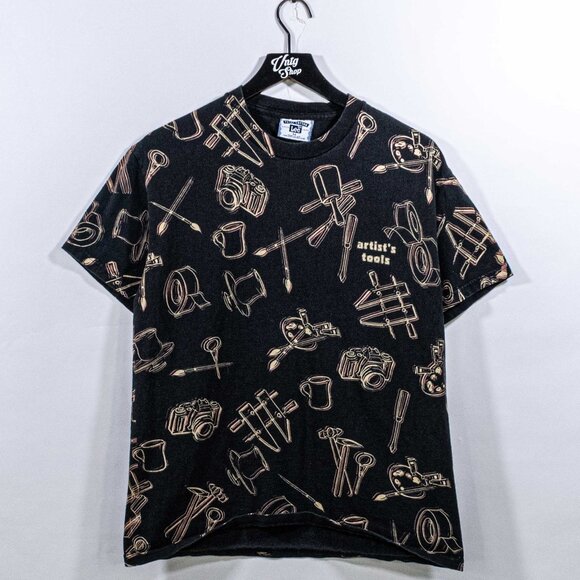 Artist's Tools AOP T-Shirt Paint Brush Camera Medium VTG 90s Retro - Picture 1 of 5
